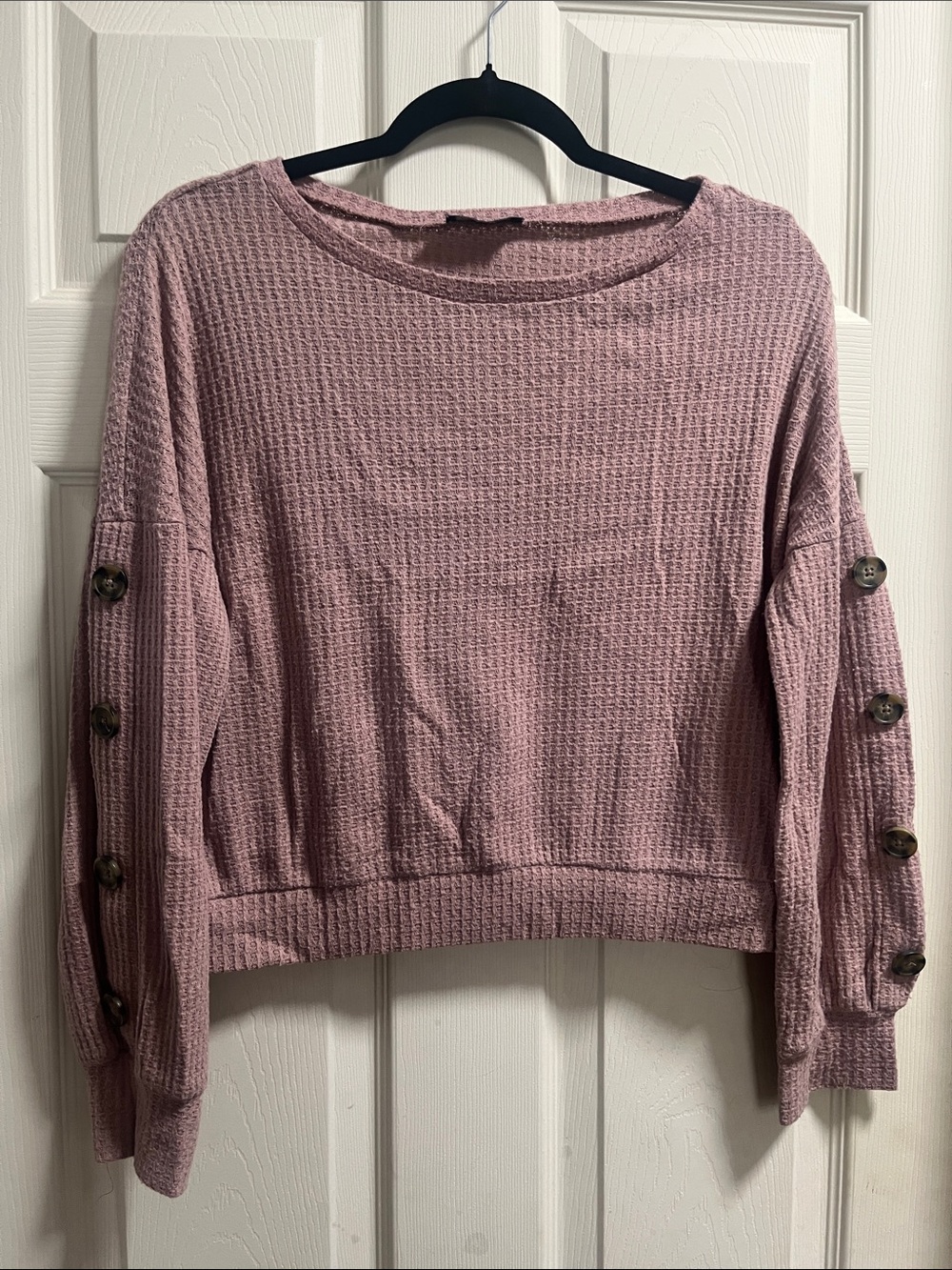 Women's Dusty Rose Waffle Knit Button-Sleeve Crew Sweater crop